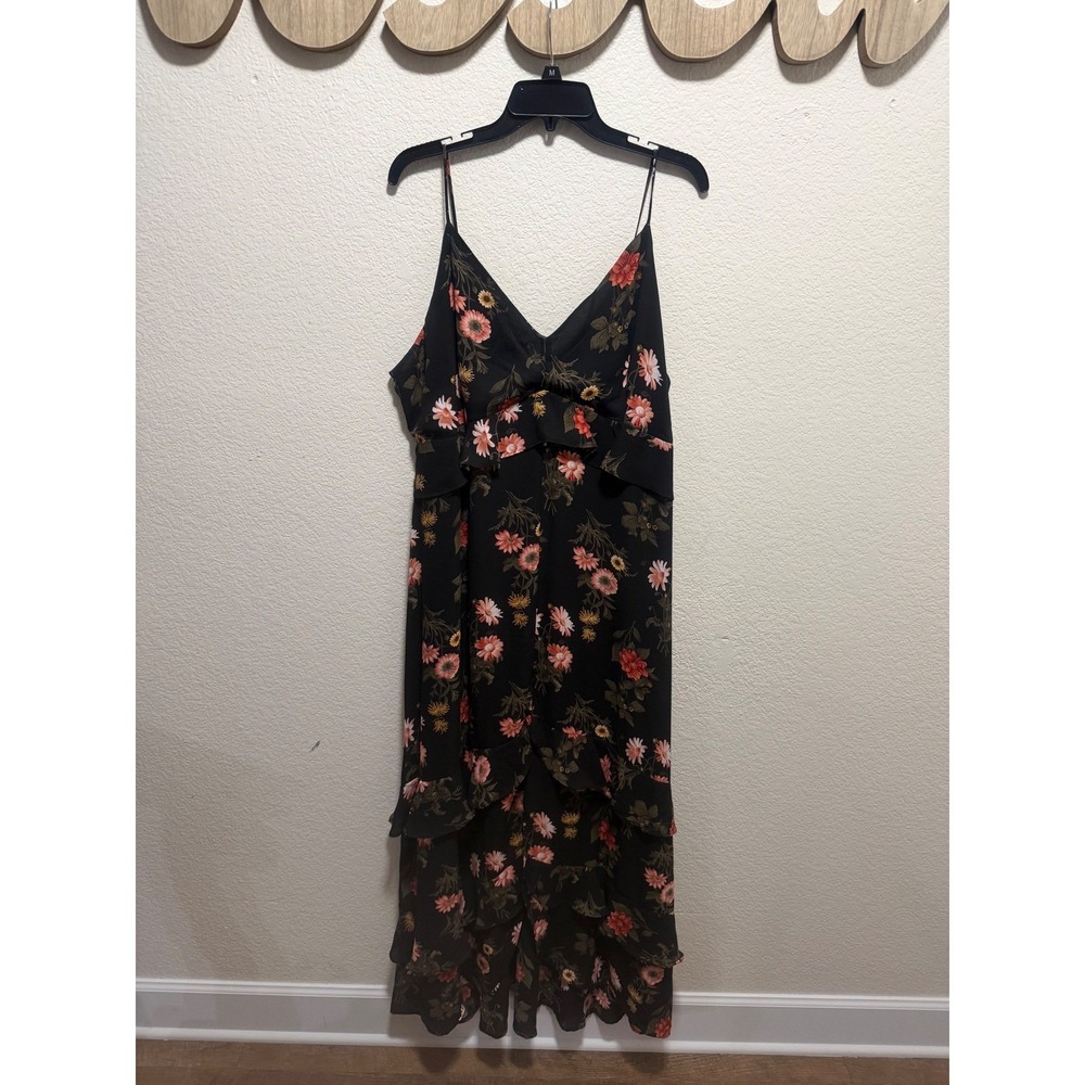 Gibson & Latimer Floral Ruffle Midi Dress Black Orange Pink XL Sleeveless V-Neck